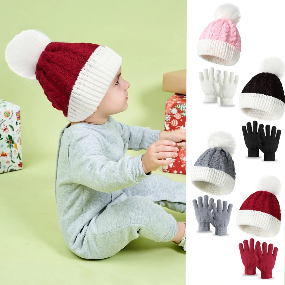 Kids Winter Beanie Hat Gloves Set Keep Warm Pom Pom Design Knitted Thermal Set Christmas Gifts for Girls Boys