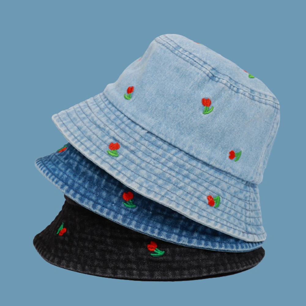 Women Fisherman Hat Tulip Embroidery Flat Top Vintage Basin Cap Foldable Decorative Wide Brim Sunshade Windproof Lady Hat 