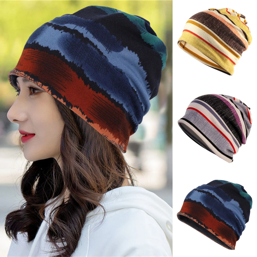 Unsiex Fall Winter Hat Striped Color Matching Elastic No Brim Regular Fit Baggy Ear Protection Anti-shrink Soft Decorative Hip Hop Women Men Beanie Cap 