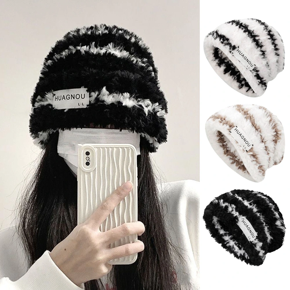 Women Winter Beanie Thick Soft Plush Striped Color Matching Knitted Fluffy Heat Retention Anti-slip Elastic No Brim Dome Shape Windproof Lady Outdoor Hat Cap 