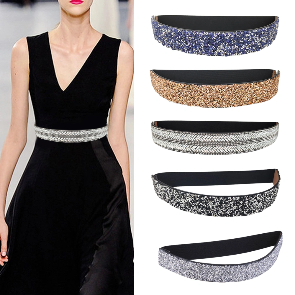 Women Belt Adjustable Elastic Band Shiny Rhinestone Wide Anti-slip Clothes Matching Anti-break Tight Waist Dress Waistband Clothes Accessory