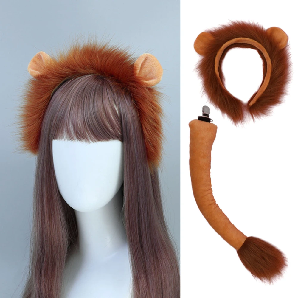 1 Set Lion Hair Hoop Tail Set Cosplay Role Play Soft Plush Anti-slip Elastic Lion Hair Hoop Children Cosplay Prop Kids Role Play Prop 