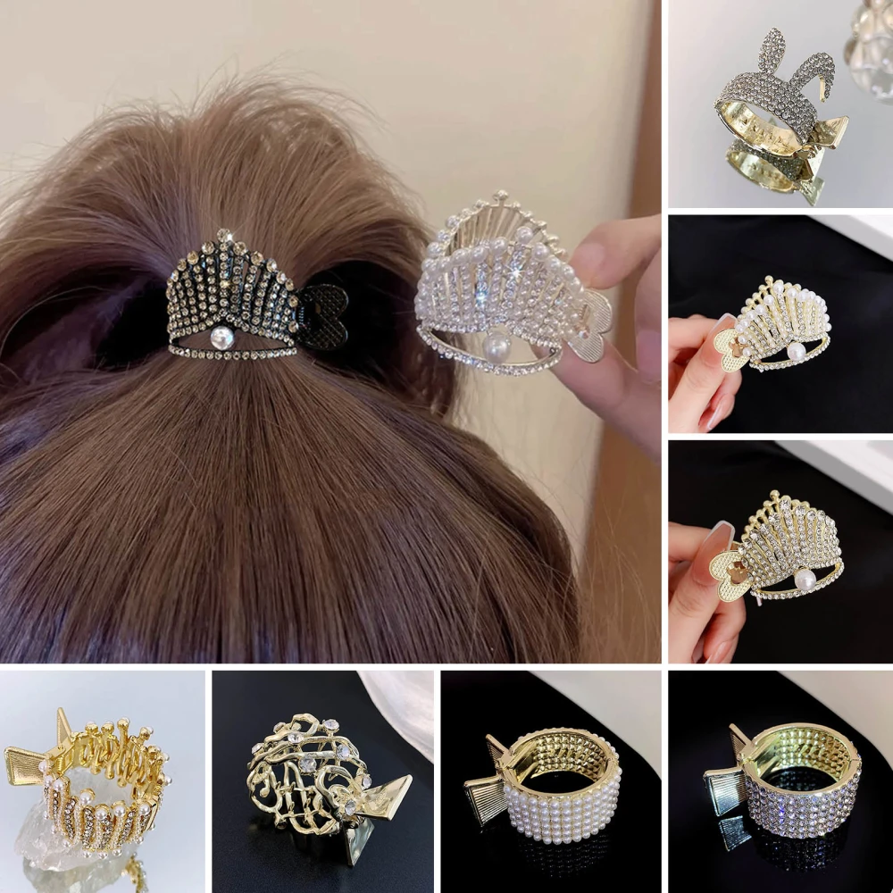 Women Hair Claw Hair Clip Rhinestone Faux Pearl Fish Tail Shape Hair Decoration Anti-slip LIghtweight Crown Bunny Head Shape Hair Accessory