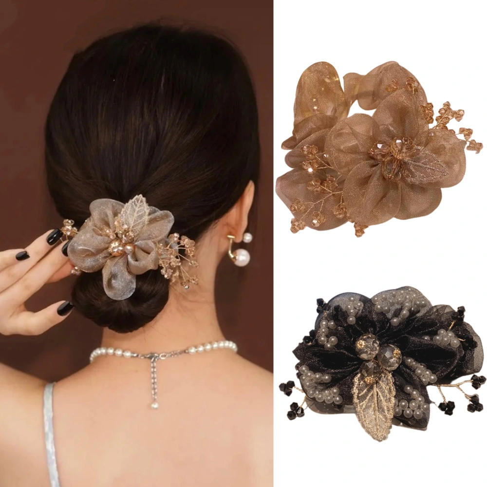 Faux Crystal Beads Leaves Element Hair Tie Exaggerated Elastic Anti-fall Girls Sweet Organza Flower Hair Rope Hair Accessories