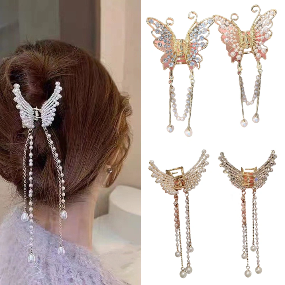 Shining Rhinestones Hair Claw Faux Pearls Tassel Korean Style Butterflies Shape Large Hair Clip Hair Accessories