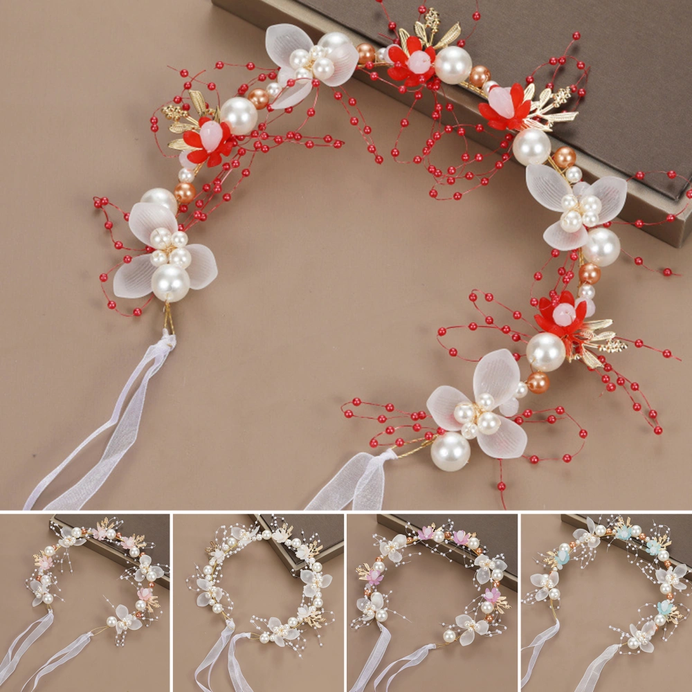 Girls Performance Headband Decorative Faux Pearl Flower Decor Ribbon Romantic Hair Decoration Adjustable Princess Style Bridal Headband Hair Accessories