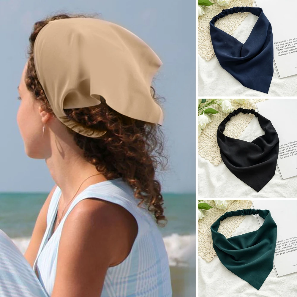 Women Head Scarf Vintage Triangle Anti-slip Solid Color Elastic Band Hair Decoration Bandanas Adjustable Pastoral Style Headband Hair Accessories