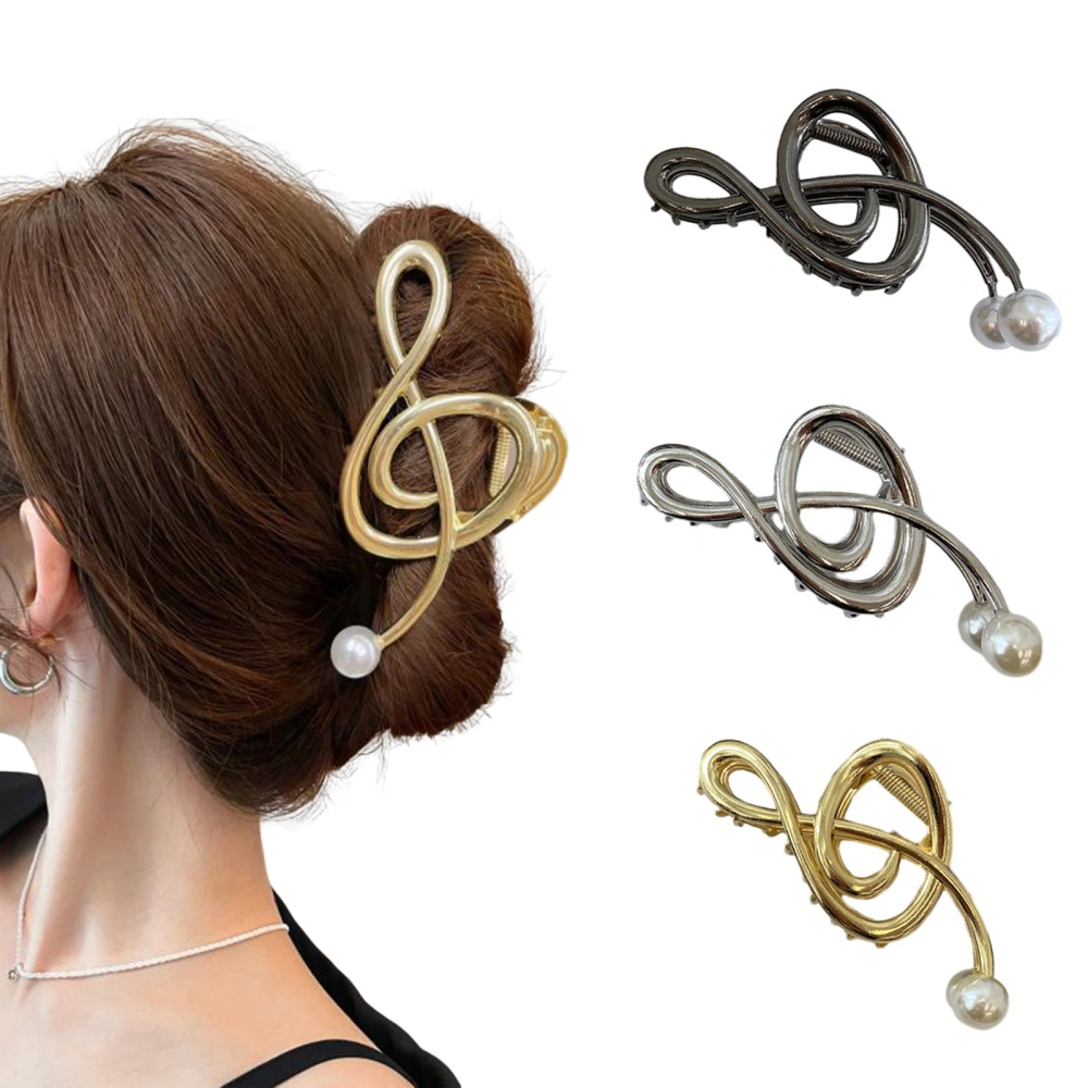 Elegant Crossing Teeth Large Metal Hair Claw Faux Pearls Music Note Design Non-Slip Barrette Hair Accessories