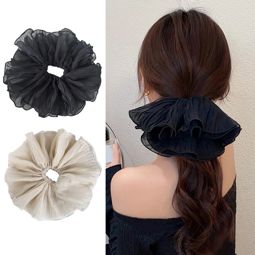 Women Pleated Double Layer Fabric Hair Ring High Elastic Simple Large Ponytail Hair Rope Solid Color Hair Scrunchie 