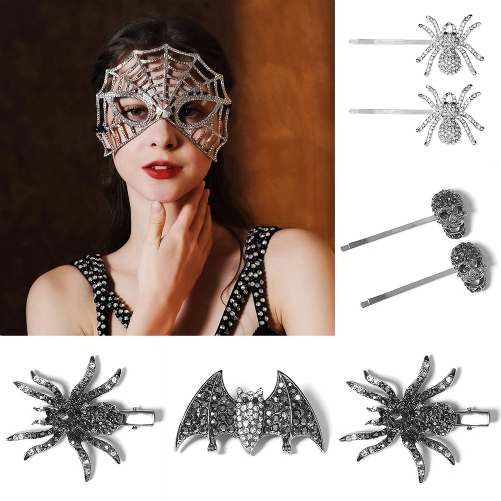 Halloween Hairpin Bat Spider Skull Shape Rhinestone Decor Anti-slip Halloween Party Prop Hair Jewelry Photo Prop Hair Styling Tool 