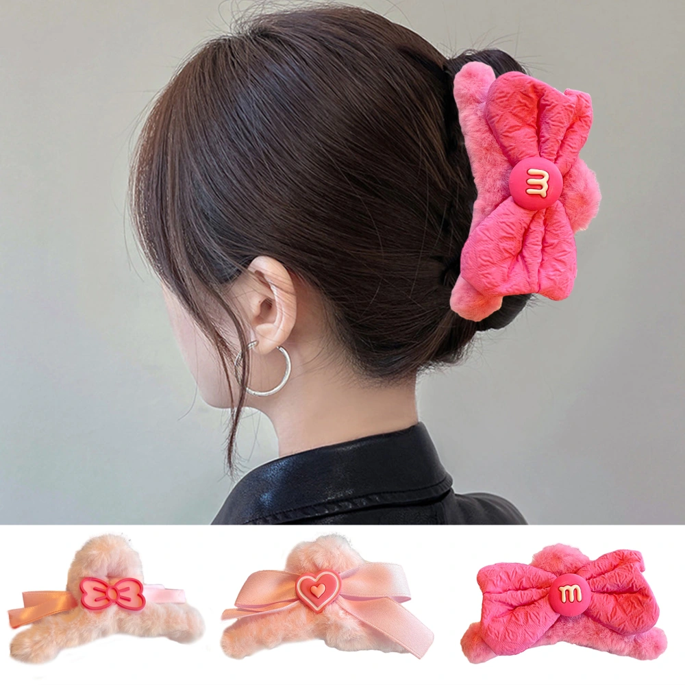 Women Hair Clip Soft Plush Bow Shape Sweet Color Ribbon Decor Strong Grip Anti-slip Hair Organization Decoration Claw Hair Clamp 