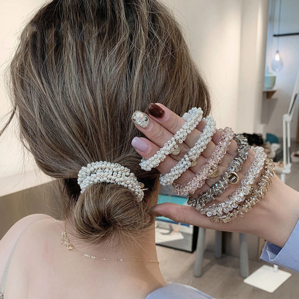 Women Hair Ring Bracelet Dual Use Vintage Faux Crystal Fake Pearl Decor Elastic Hair Decoration Hair Tie Ponytail Holder Lady Jewelry 