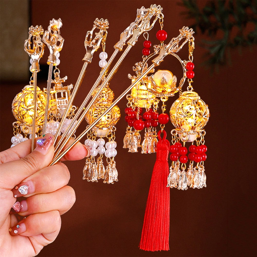 Women Hair Stick Vintage Traditional Chinese Palace Lantern Shape Pendant Faux Pearl Decor Tassel Stainless Exquisite Hair Forks Hanfu Dress Prop Lady Hair Jewelry