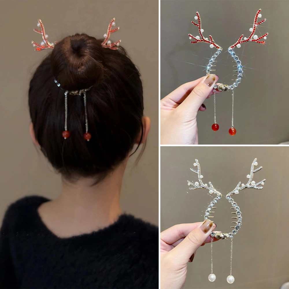 Women Christmas Antlers Tassel Decor Horsetail Buckle Faux Pearls Rhinestones Decor Sweet Girl Bun Hair Clip Headwear Hair Jewelry Accessories