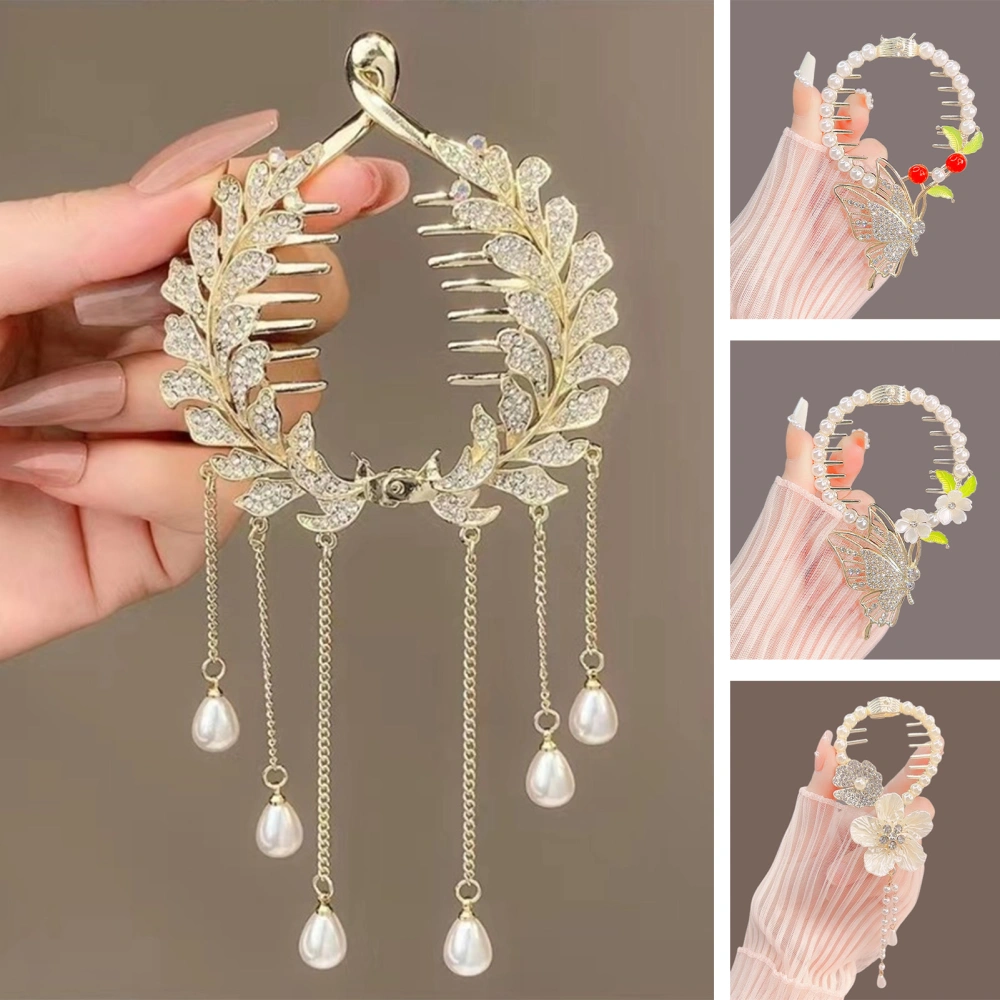 Elegant Flower Faux Pearl Tassel Hair Claw Shining Rhinestone Hair Clip Women Hair Barrette Girl Bun Hair Holder Fringe Hairpin Jewelry Hair Accessories