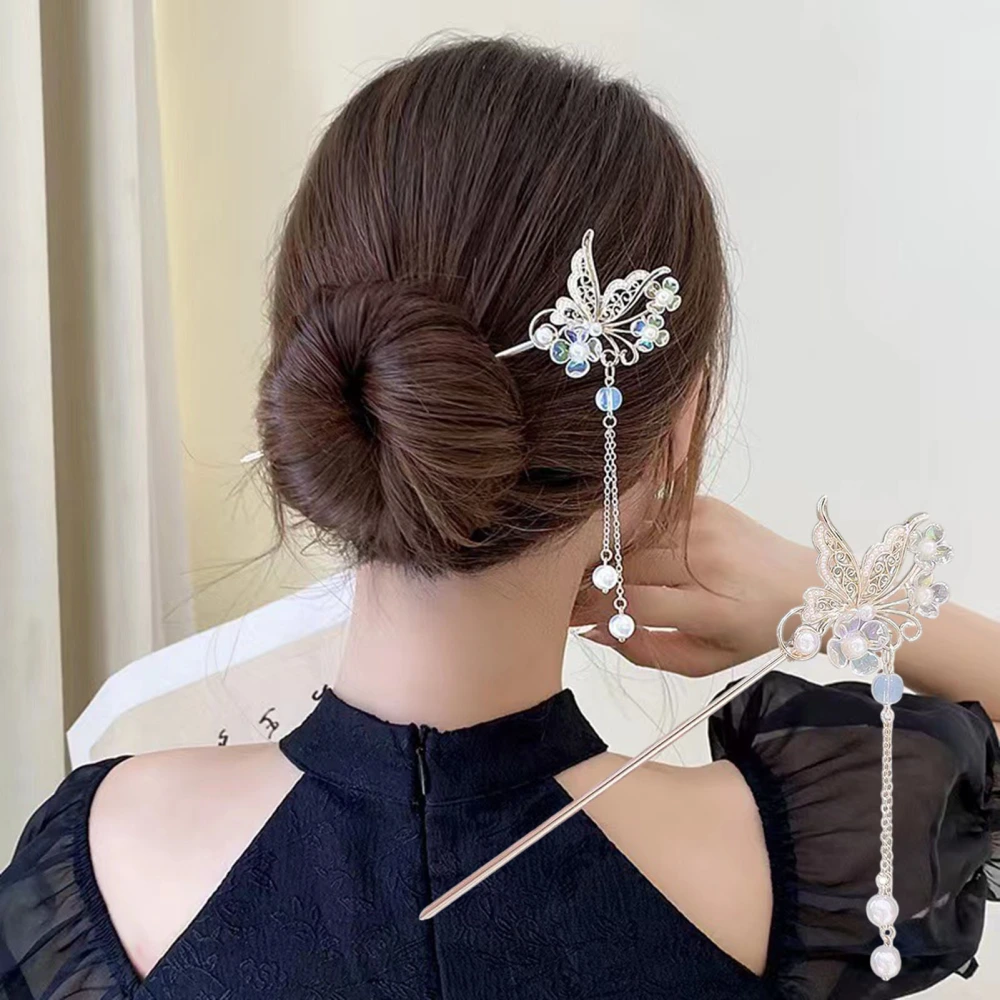 Chinese Style Faux Pearl Tassel Hair Stick Hollow Butterflies Shape Elegant Lady Back Head Hair Chopstick Headdress Hair Accessories