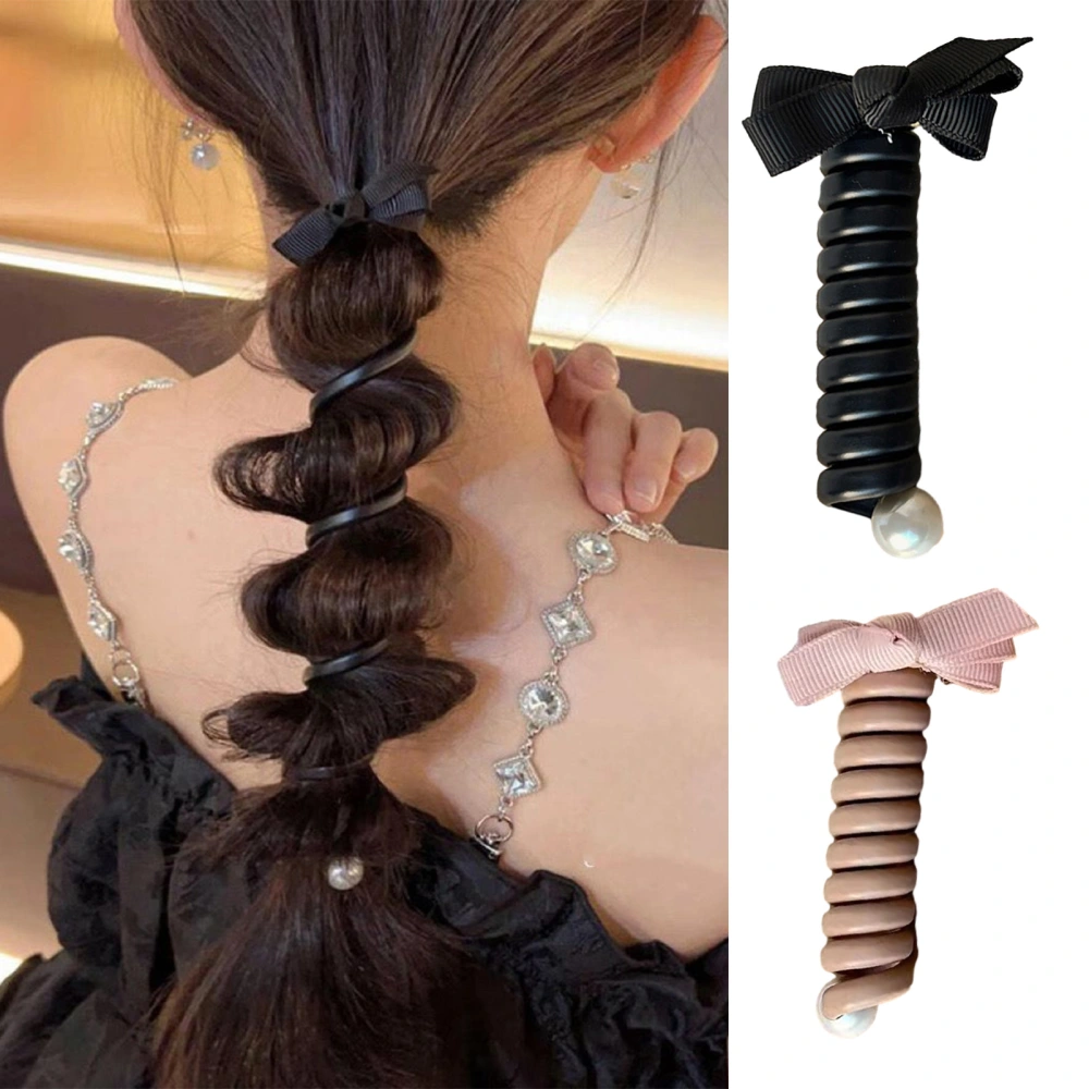 Women Hair Ring Bow-knot Faux Pearl Decor Telephone Line Ponytail Decoration Solid Color Ant-break Hair Rope High Elastic Tie Hair Rubber Band 