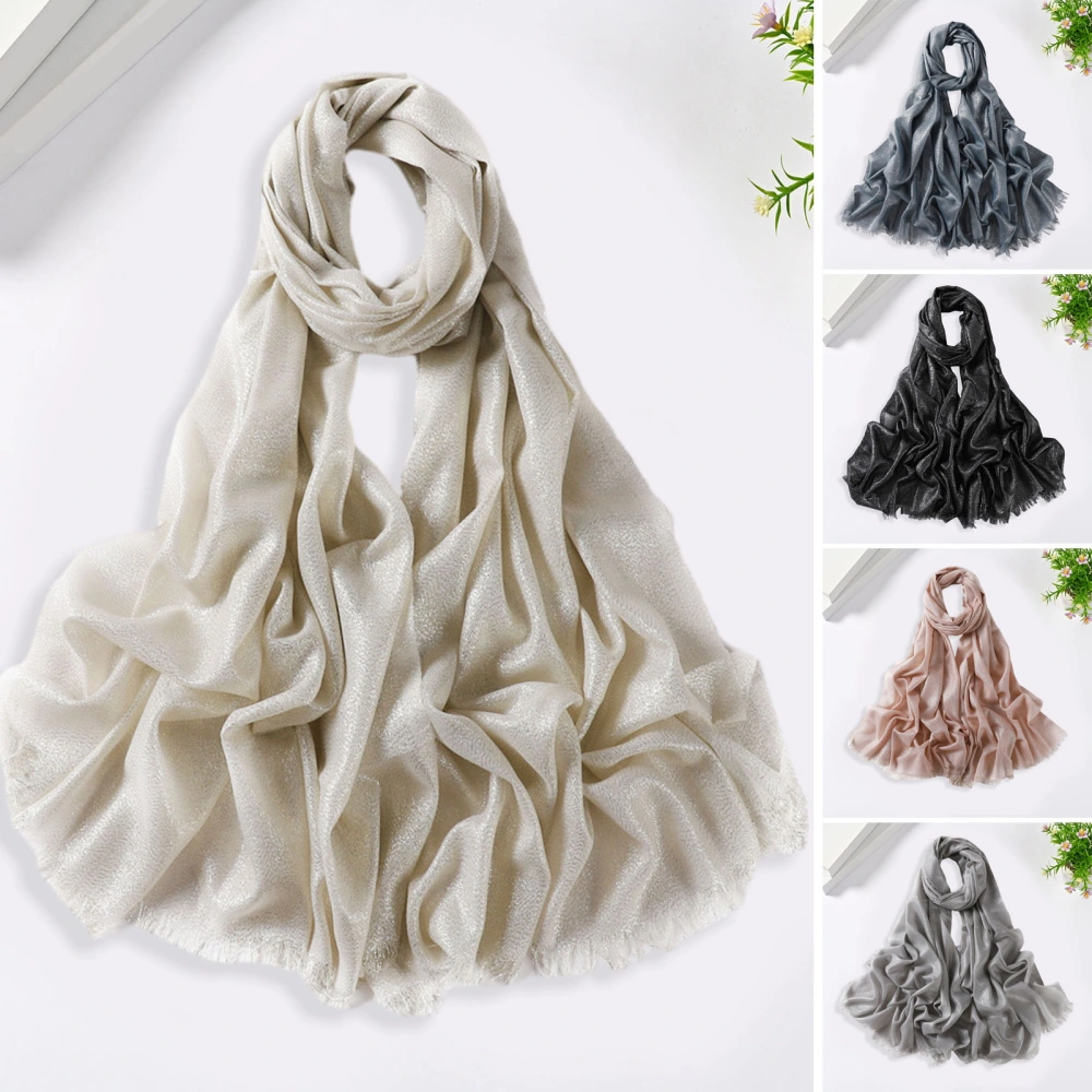 Women Scarf Retro Shiny Tassel Solid Color Headscarf Wide Long Decorative Windproof Glossy Washable Lady Shawl Clothes Accessory 