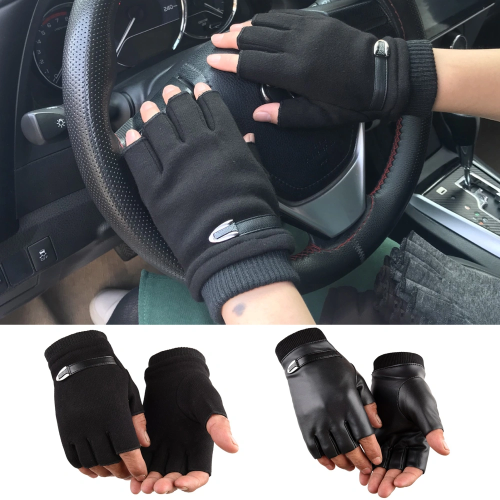 1 Pair Men Autumn Winter Riding Gloves Half Finger Faux Leather Elastic Cuffs Solid Color Sports Climbing Fitness Driving Mittens