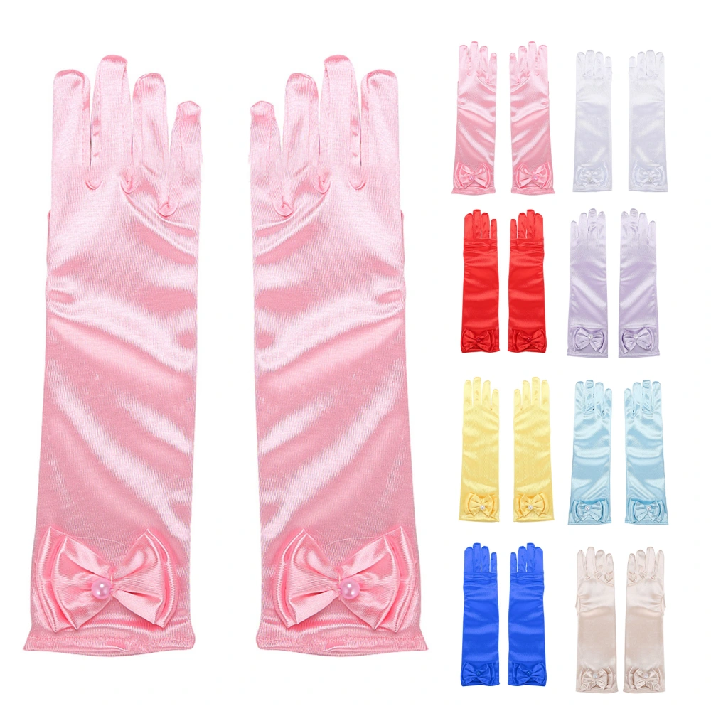 1 Pair Children Performance Gloves Faux Pearl Bow Decor Solid Color Full Fingers Satin Flower Girls Gloves Princess Style Cosplay Gloves 