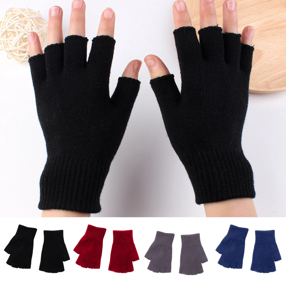 1 Pair Black Half Finger Gloves Women Men Woolen Yarn Knitting Gloves Solid Color Elastic Warm Riding Sport Workout Mittens