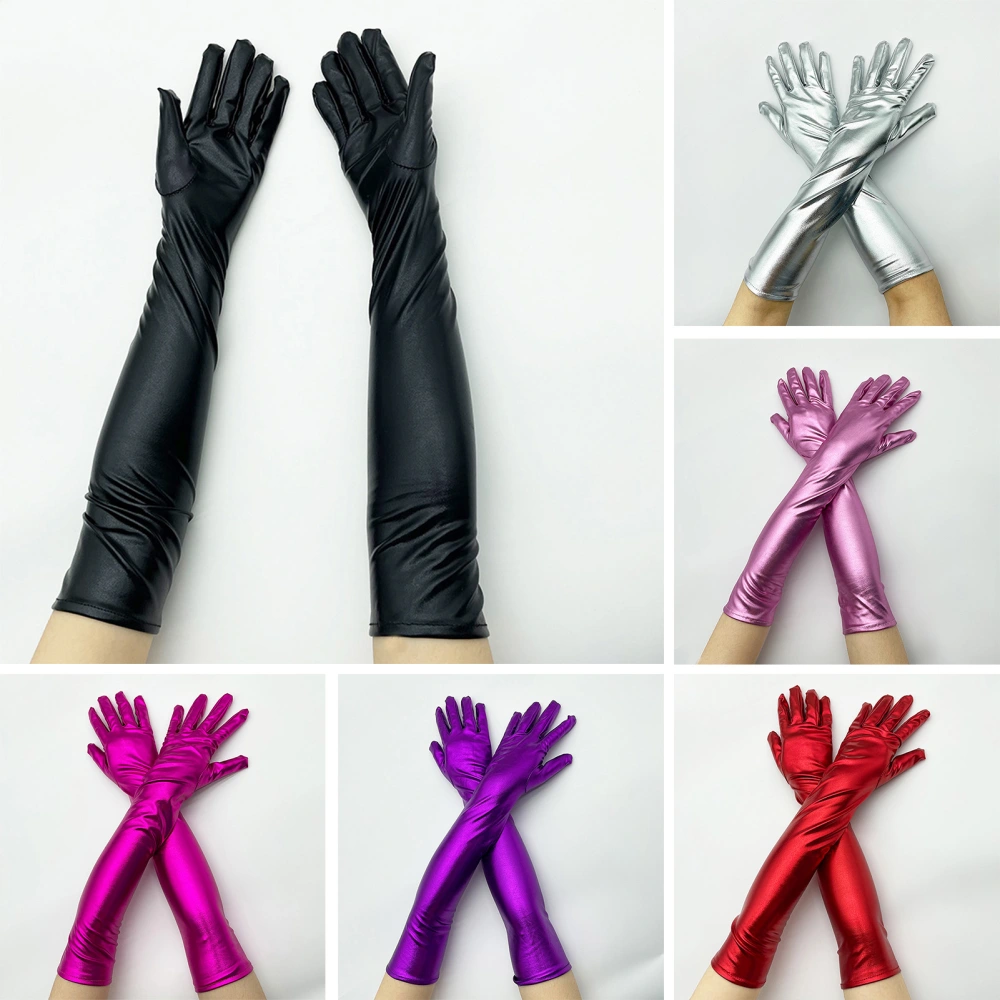 1 Pair Women Gloves Smooth Faux Leather Solid Color Full Fingers Elastic Elbow Length Night Club Cosplay Performance Pole Dancing Prop 