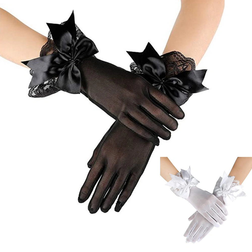 1 Pair Bridal Wedding Dress Gloves Bowknot Decor Mesh Lace Splicing Cuffs Performance Gloves Marriage Party Accessories