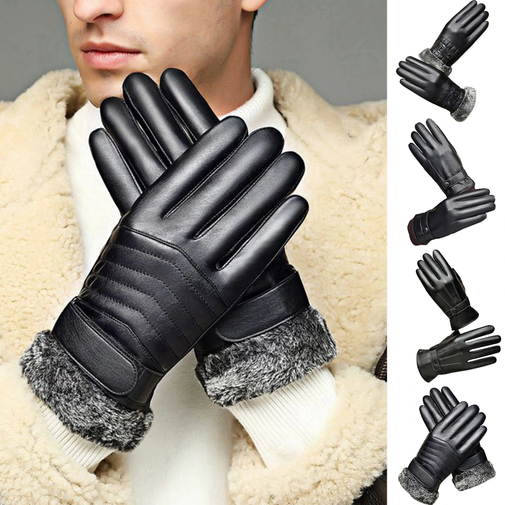 1 Pair Winter Gloves Smooth Faux Leather Touch Screen Thick Soft Plush Windproof Cycling Full Fingers Solid Color Cold Resistant Men Gloves 