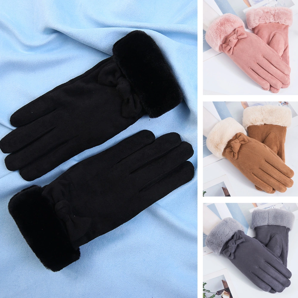 1 Pair Women Winter Gloves Thickened Plush Soft Five Fingers Bow Decor Solid Color Windproof Heat Retention Cycling Camping Gloves