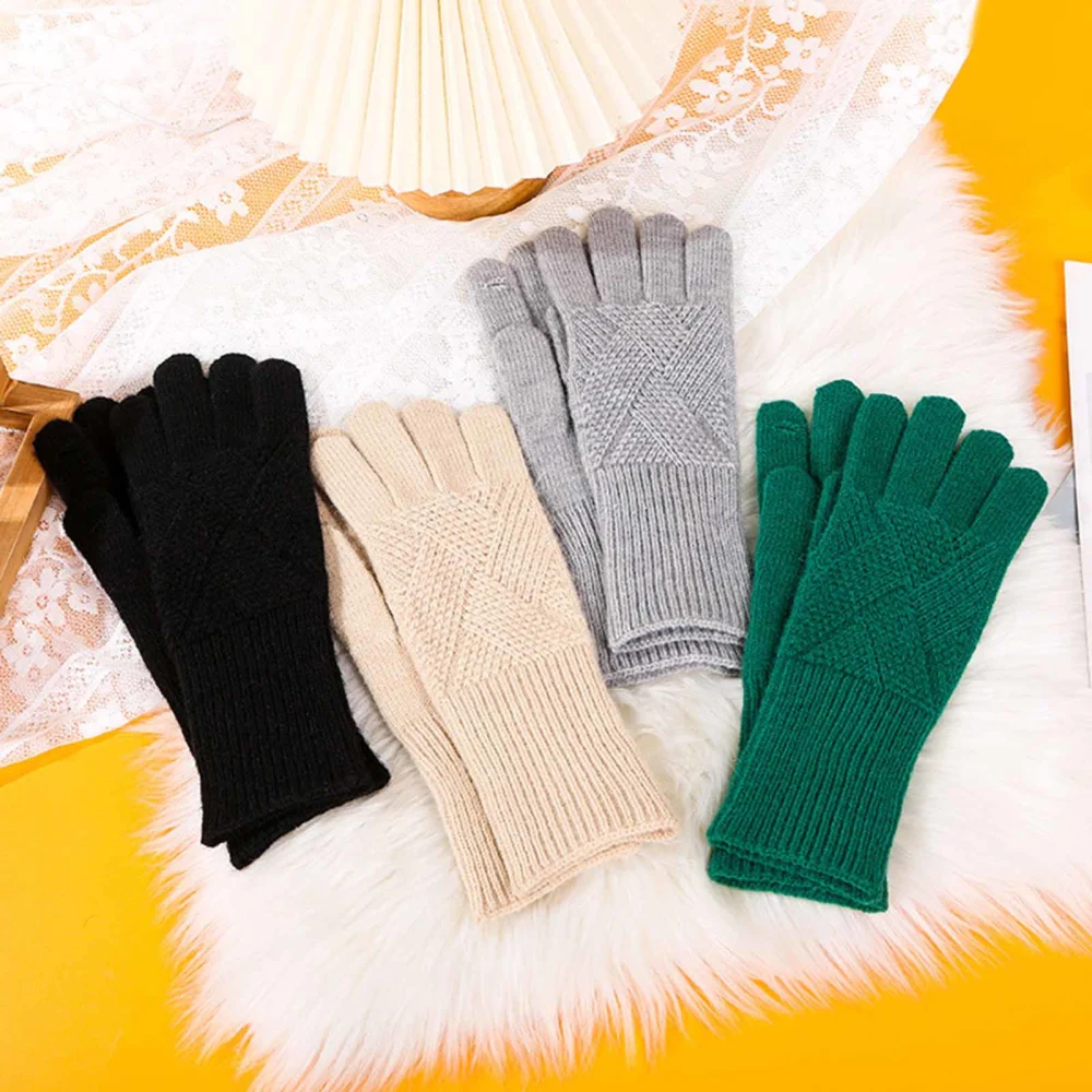 1 Pair Autumn Winter Women Lengthened Touch Screen Mittens Solid Color Jacquard Knit Split Full Finger Warm Gloves Cycling Driving Gloves 