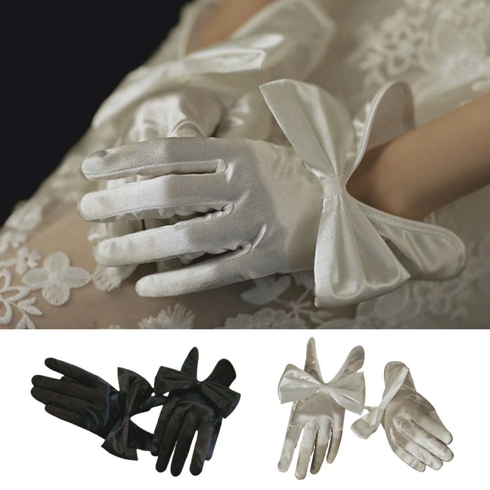 1 Pair Women Gloves Satin Bow Decor Solid Color Fiver Fingers Vintage Soft Anti-slip Breathable Bride Wedding Prom Banquet Performance Gloves 