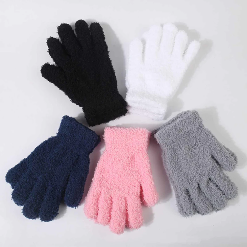 1 Pair Winter Gloves Unisex Coral Fleece Thick Soft Elastic Full Fingers Solid Color Great Friction Anti-slip Thermal Outdoor Skiing Skating Gloves 