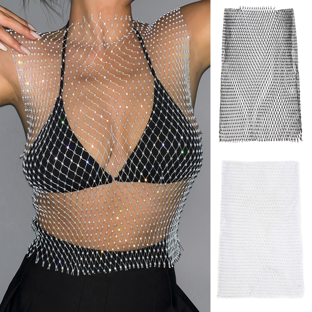 Women Sexy Top Sparkling Rhinestones See-Through Fishnet Mesh Tee Sleeveless Black/White Cover Tops 