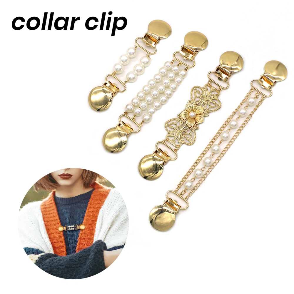 Ladies Faux Pearl Chain Collar Clip Anti-exposed Brooch Shawl Silk Scarf Buckle Sweater Cardigan Collar Clip