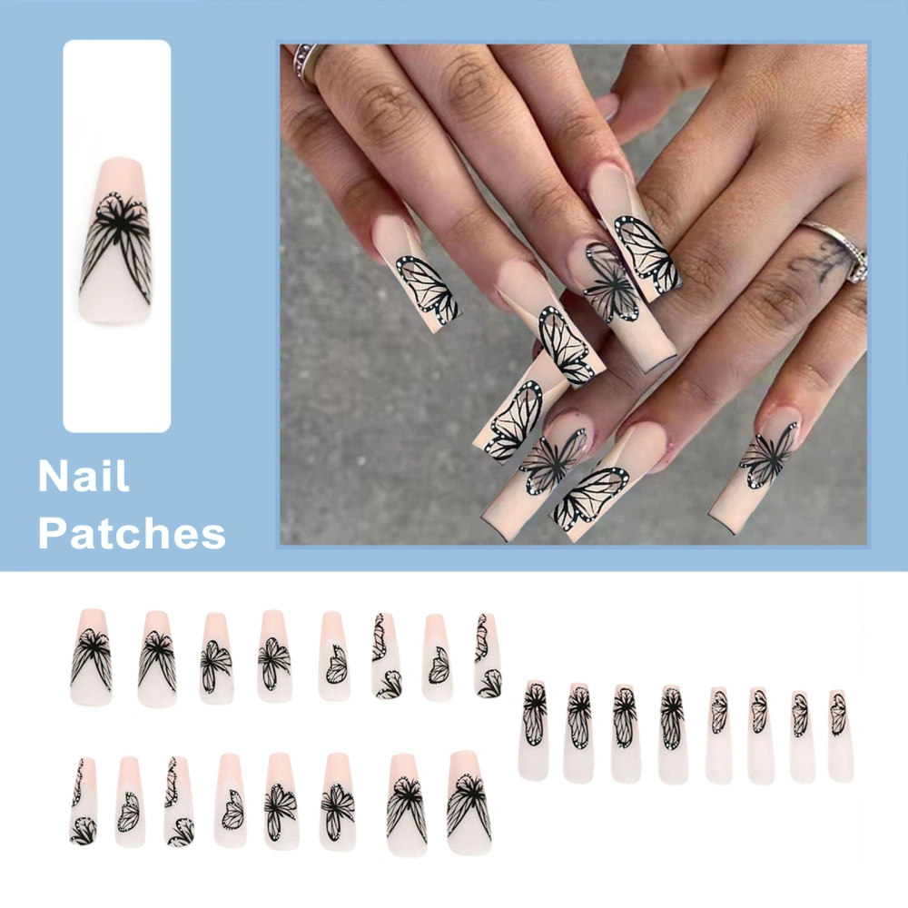 24Pcs Ballet Press on Nails with Glue Black Butterflies Print Long Nail Extension Full Cover Women Girls Plastic Fake Nails Salon Home Use