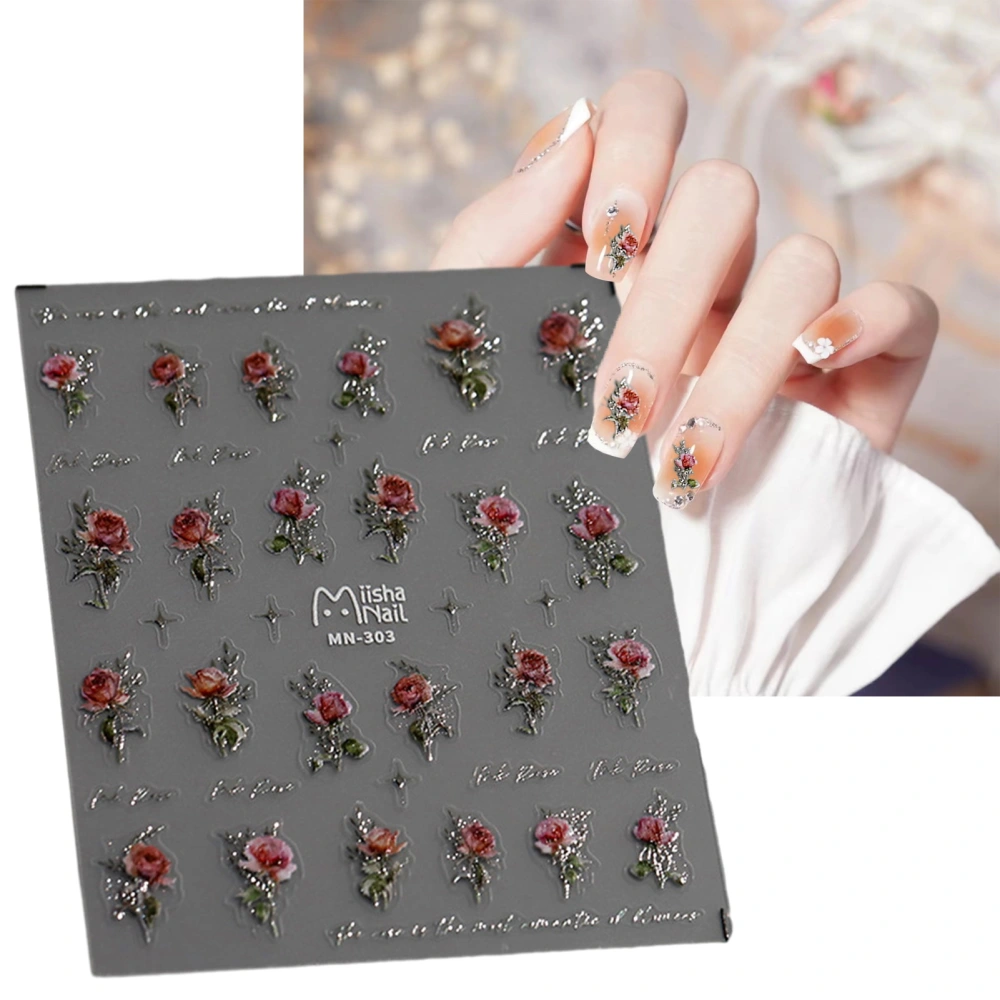 3D Rose Flower Nail Art Stickers Ultra-thin Self-Adhesive Flower Decals DIY Manicure Tips Nail Adhesive Decoration for Women Girls Nail Design Supplies for Salon Home Use