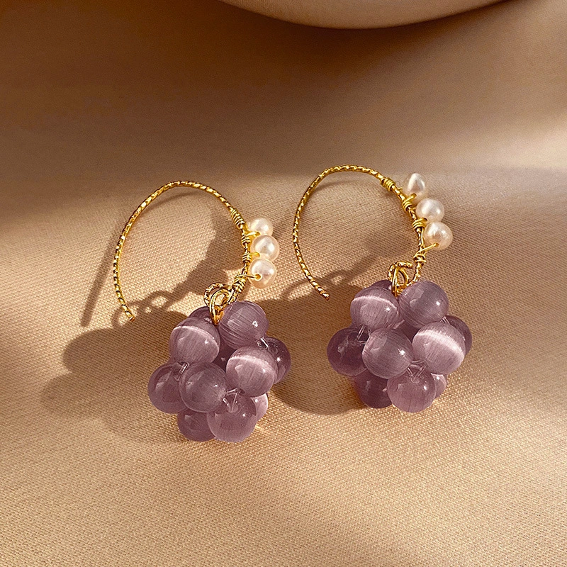 Purple Sweet Grape Ball Ear Hook Fashion Design Earrings