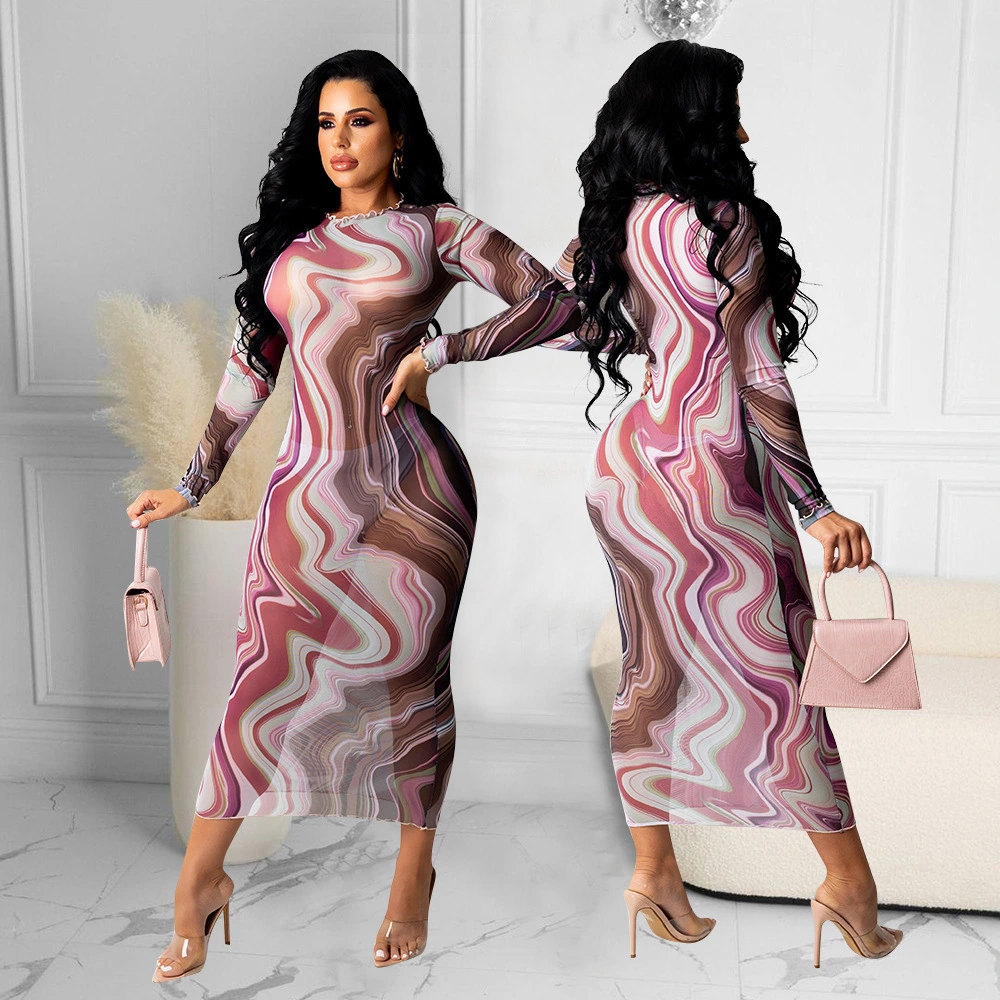 Women's See-through Printed Long-sleeved Dress