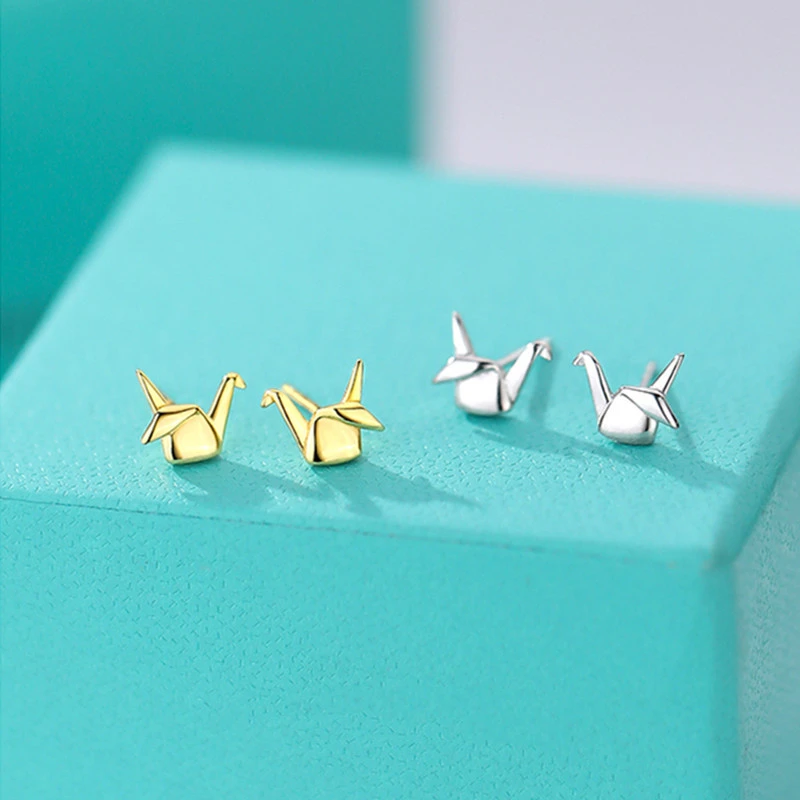 Small 925 Sterling Silver Paper Crane Stud Earrings For Women