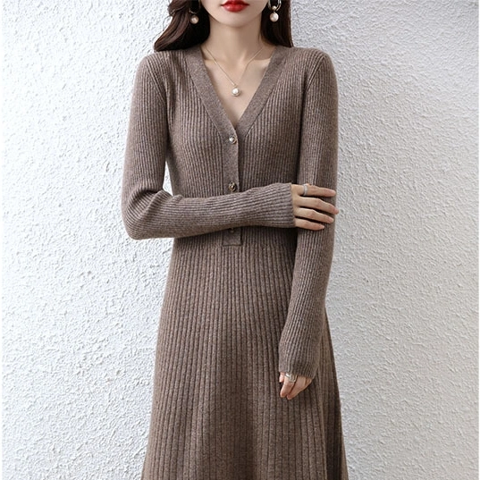 Women's Elegant V-neck Wool Knitted Dress
