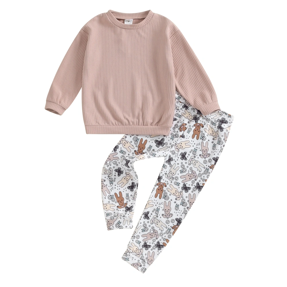 Girls Pink Long Sleeve Sweater Tops Floral Bunny Print Pants Sets