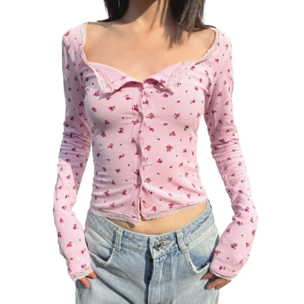 Women’s Floral Print Tops Long Sleeve Scoop Neck Button Down Shirts