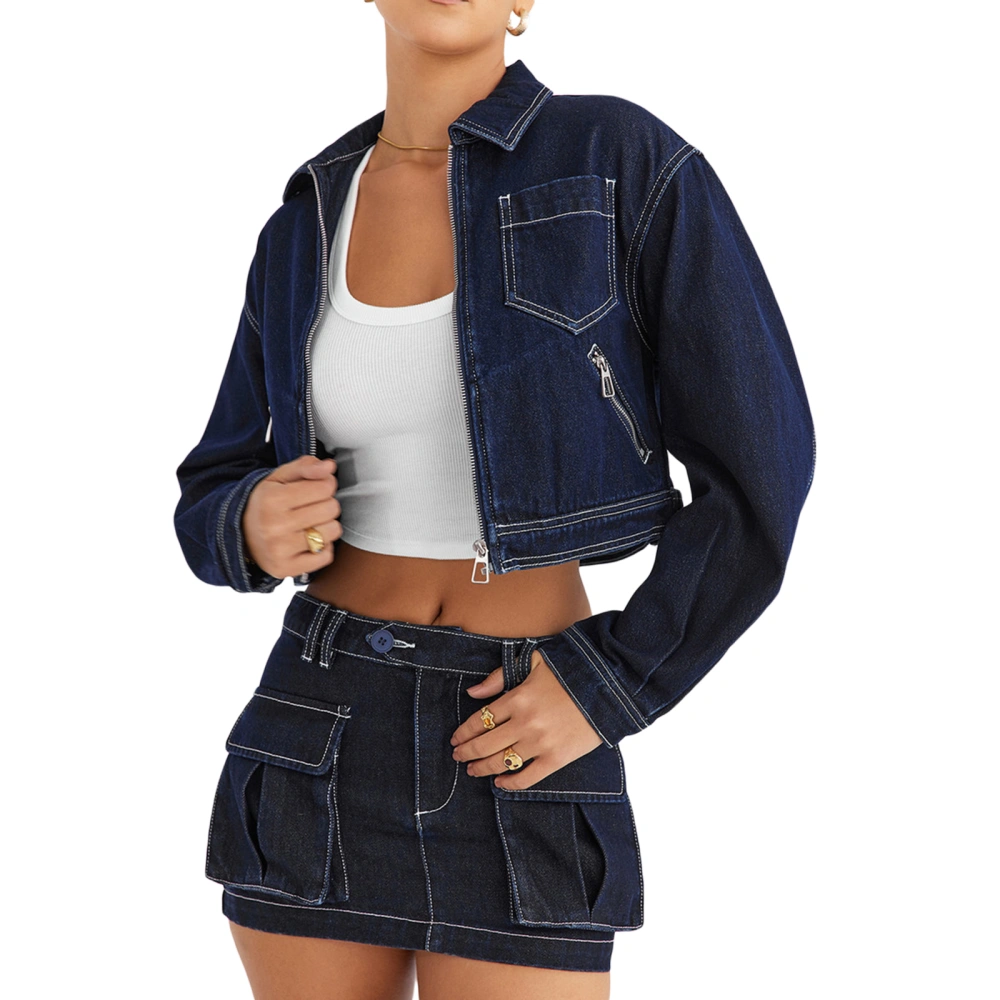 Women Denim Jacket, Long Sleeve Zipped Streetwear with Pockets