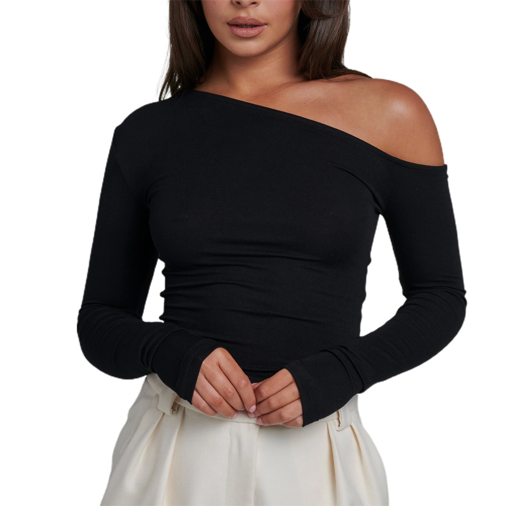 Women Long Sleeve Crop Tops Solid Color One Shoulder Shirt Pullovers 