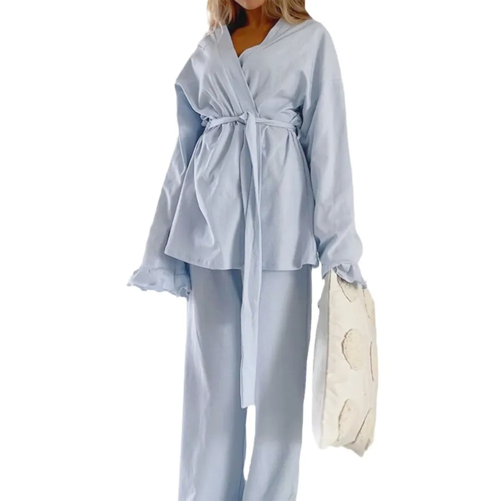 Women's Loungewear Set, Ruffled Long Sleeve Tops with Belt + Pants 