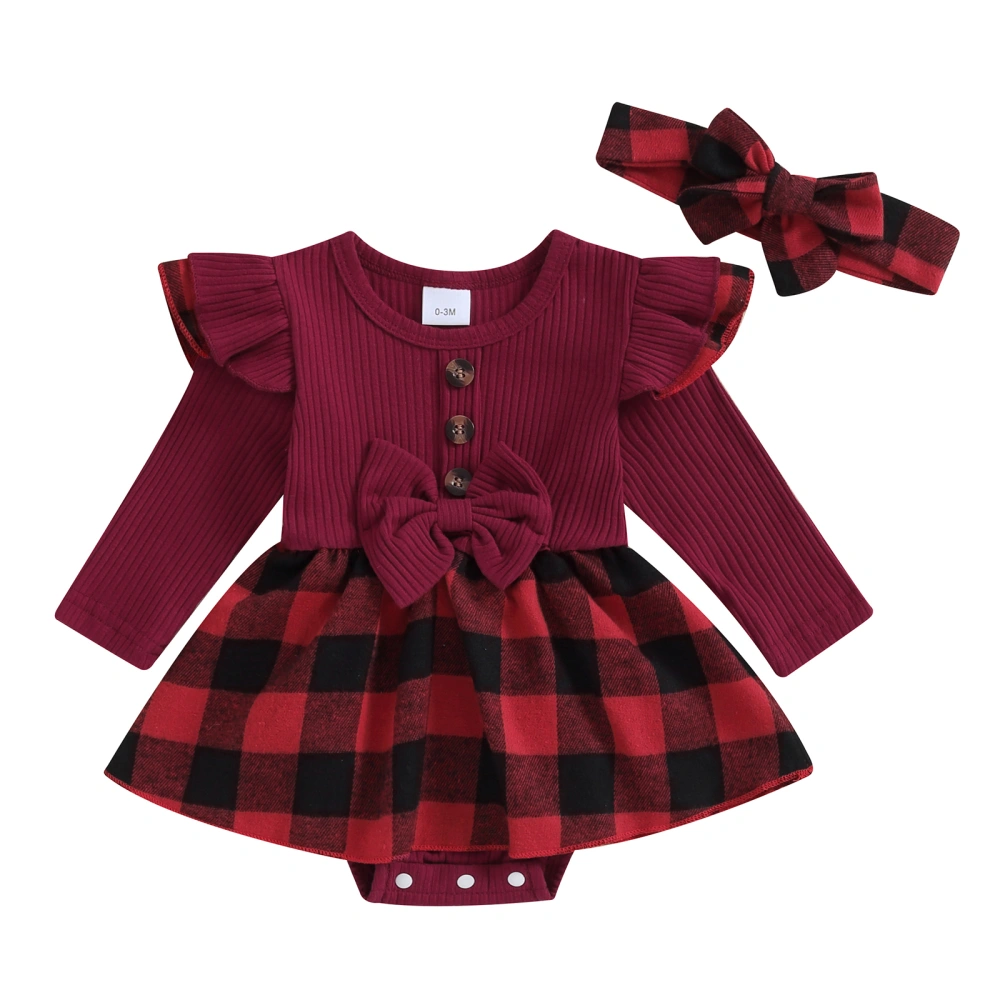 Baby Long Sleeve Ruffle Plaid Patchwork Romper Dress with Headband