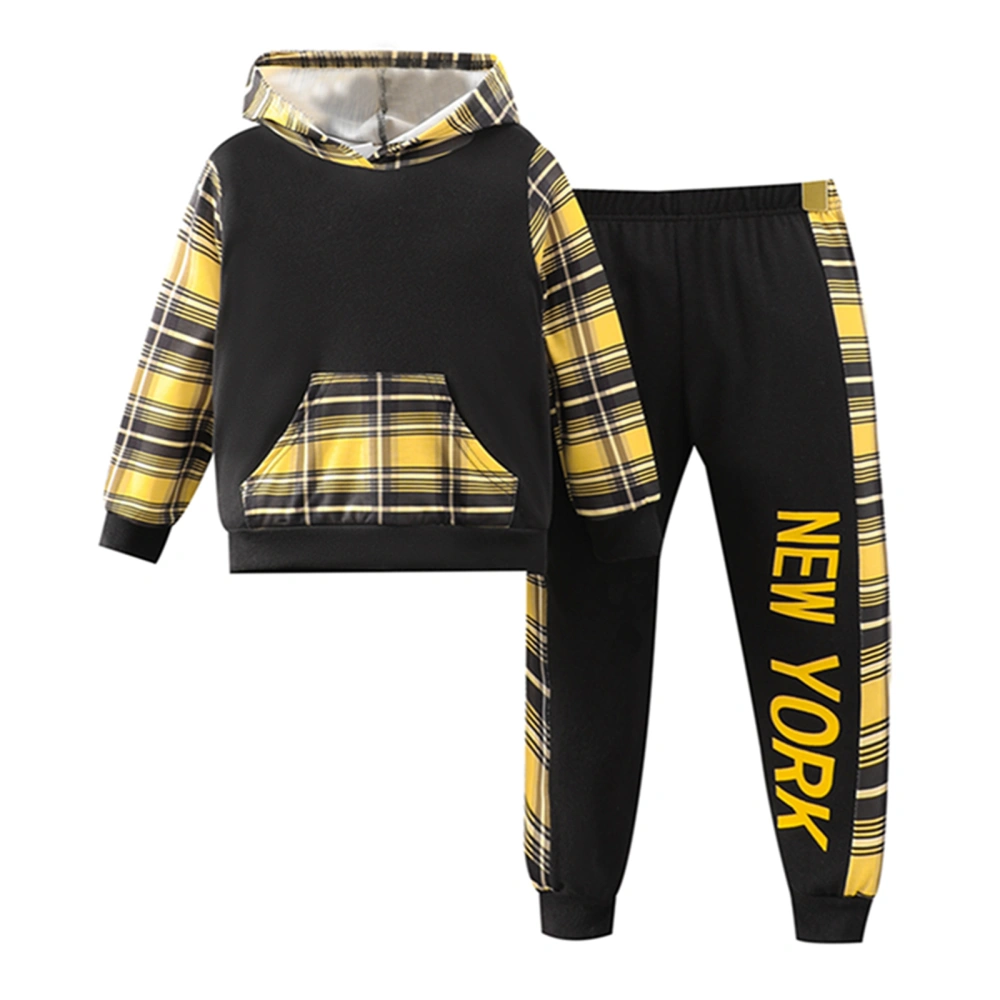 Boys Long Sleeve Contrast Color Hoodie and Plaid Patchwork Pants Sets