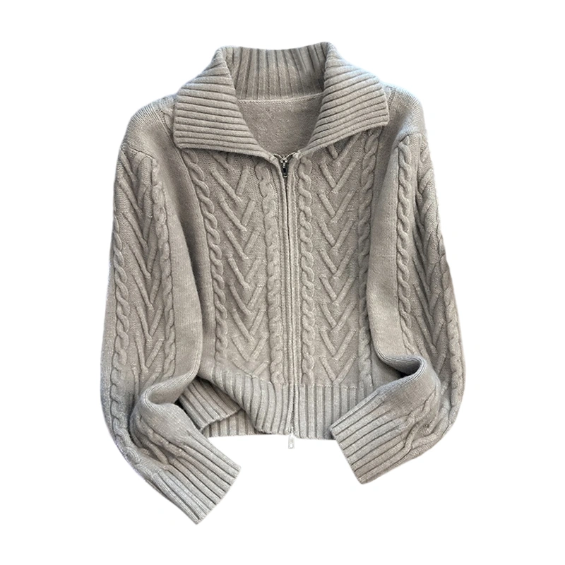 Women Cable Sweaters Casual Solid Color Knitted Zipper Cardigans 