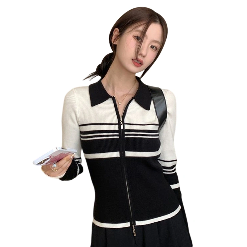 Women's Slim Knit Tops Stripe Print Long Sleeve Zipper Cardigan