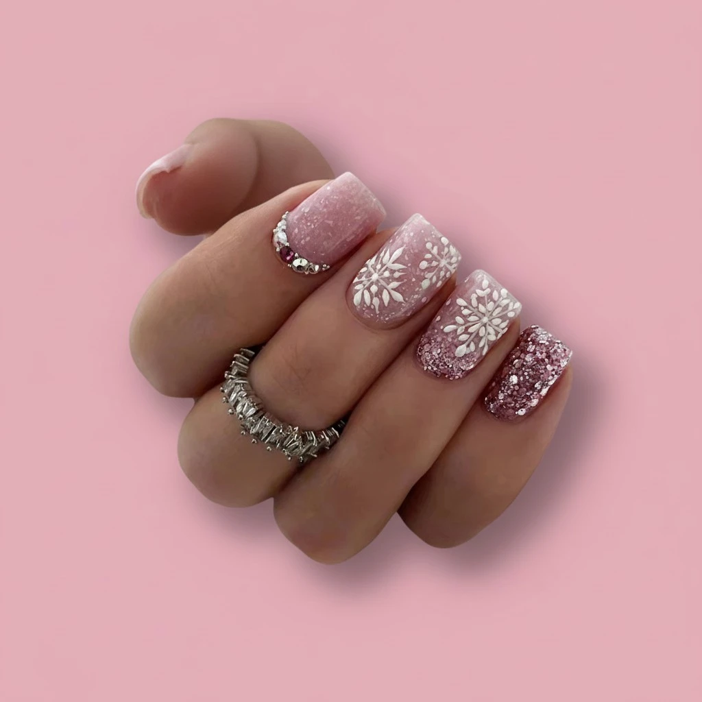 Christmas Press on Nails 24Pcs Short Fake Nails with Snowflake Design